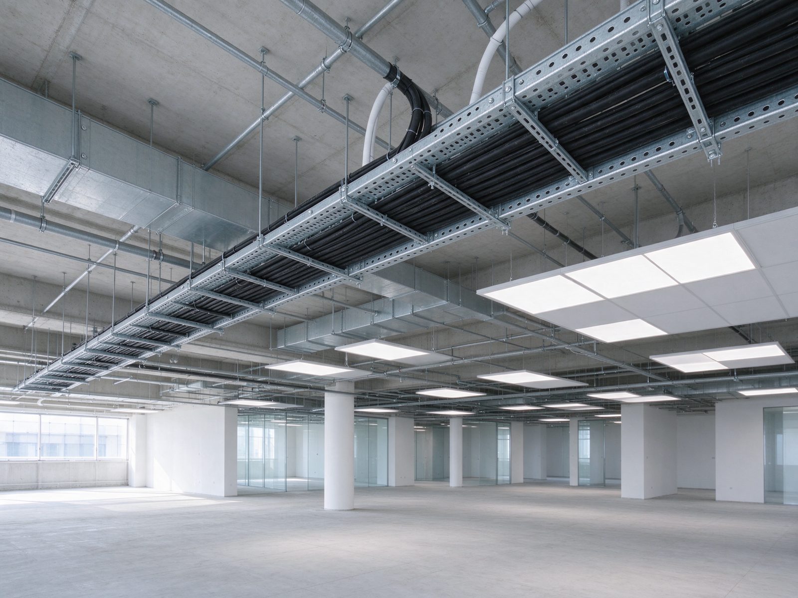 An open office ceiling during a fit-out, with steel cable tray full of black cables and square LED panels.