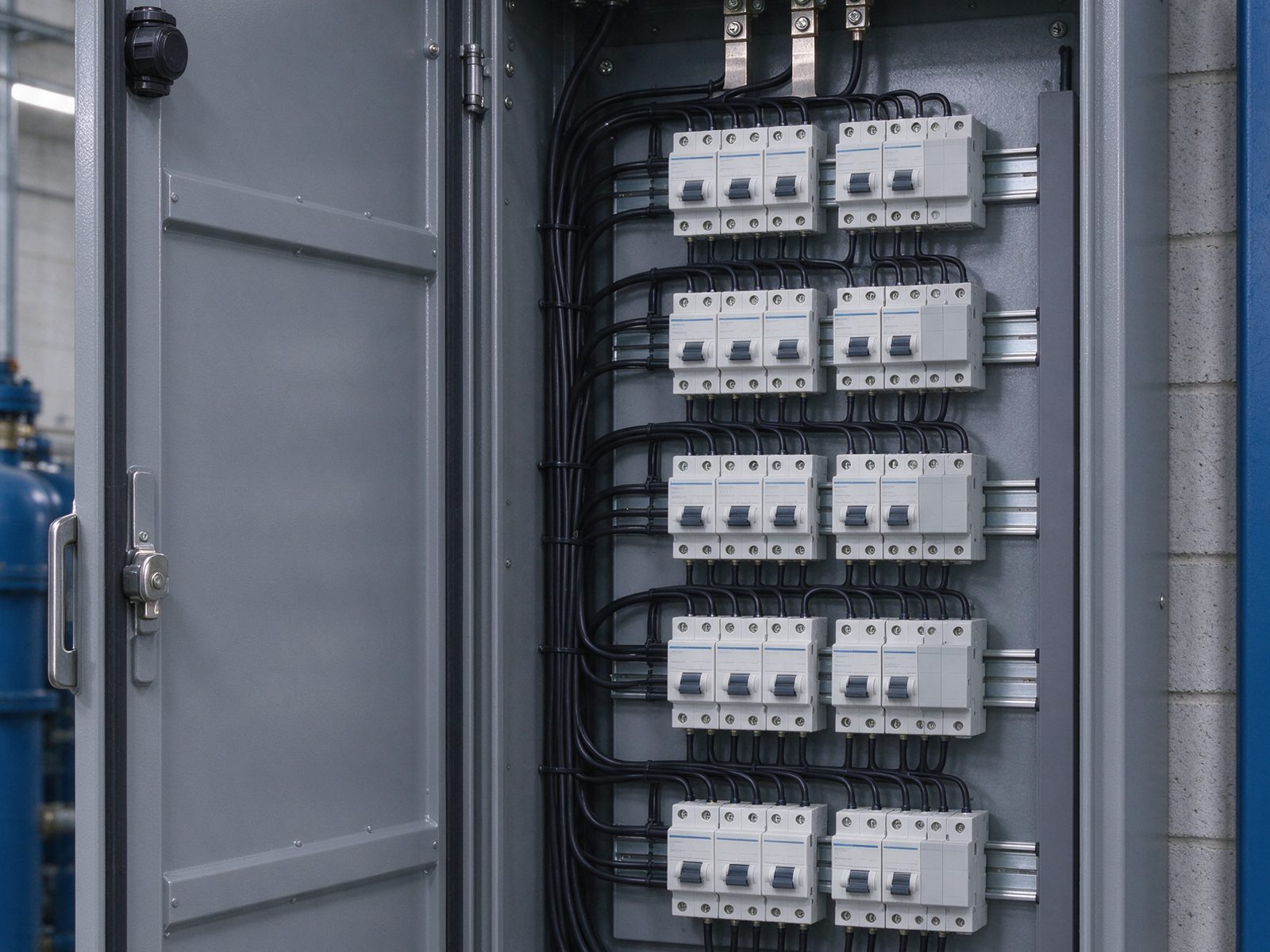 An open grey distribution board with rows of breakers and neatly dressed black cables.