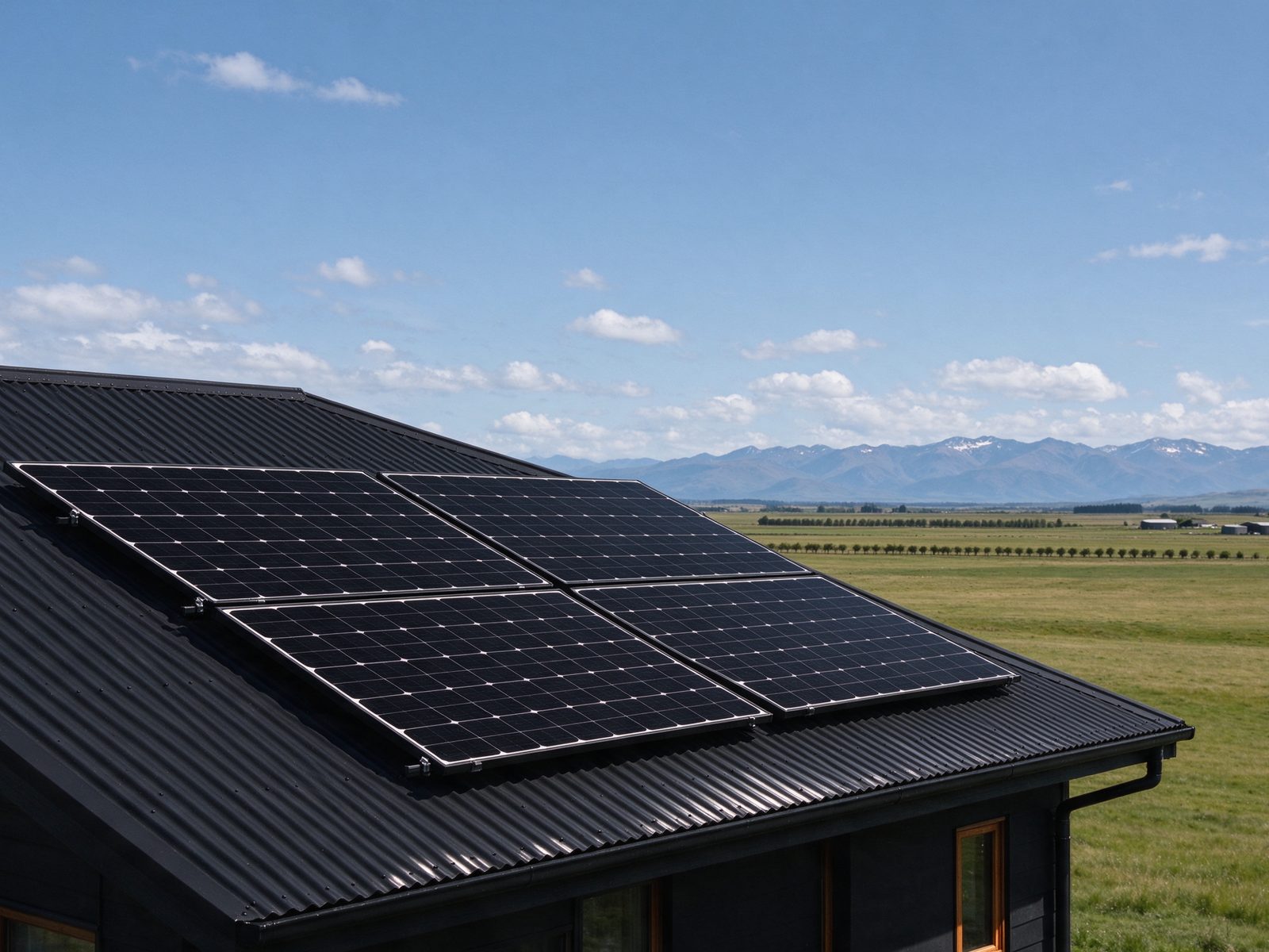 Solar panels on a dark corrugated iron roof, looking out over flat green farmland to distant mountains.