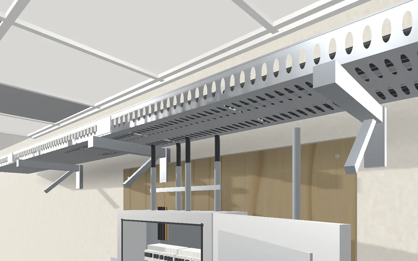 The steel cable tray on its wall brackets under the ceiling, a tied bundle of runs in it and conduit dropping to the board