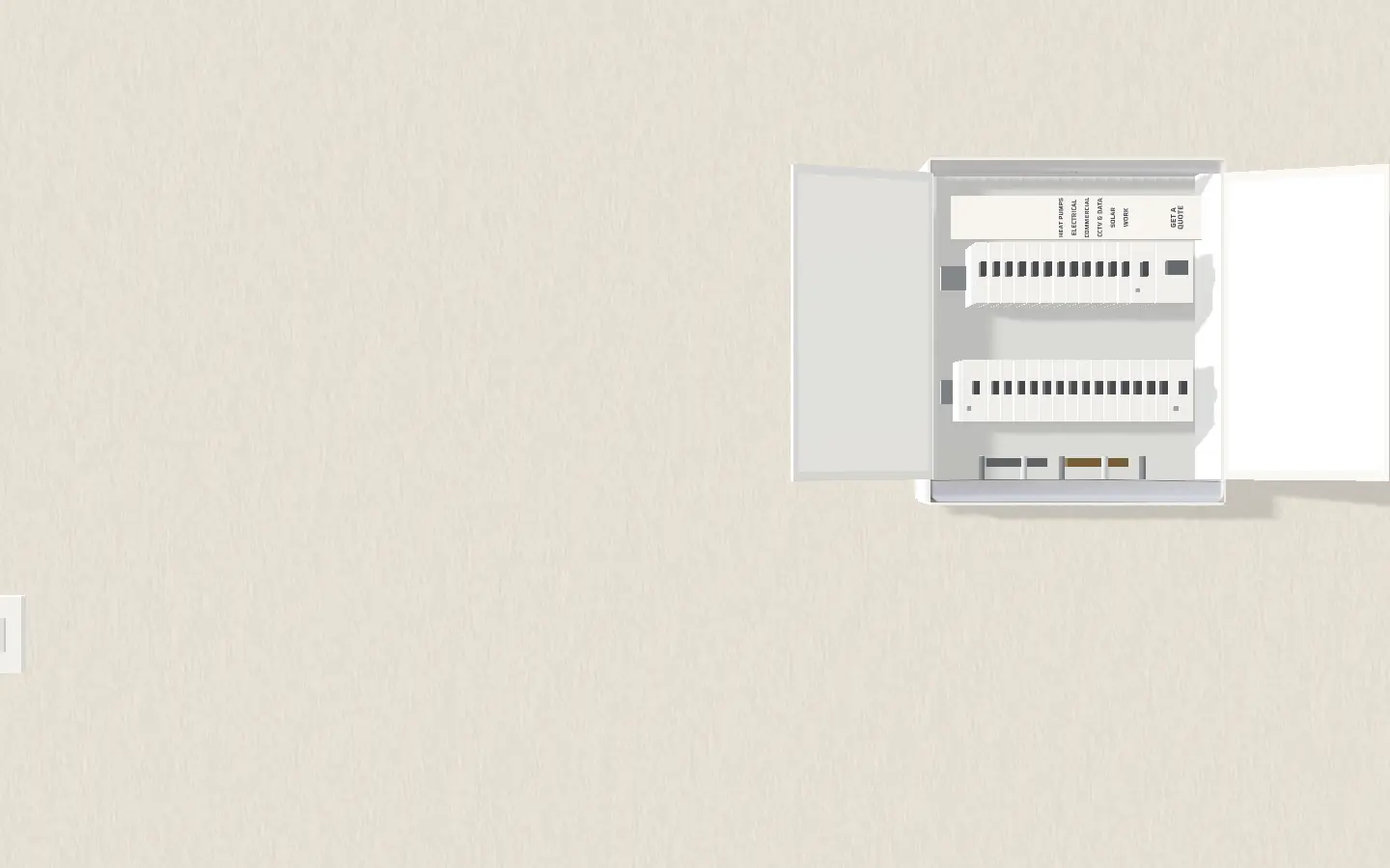 The switchboard, open, on the plastered wall beside a socket