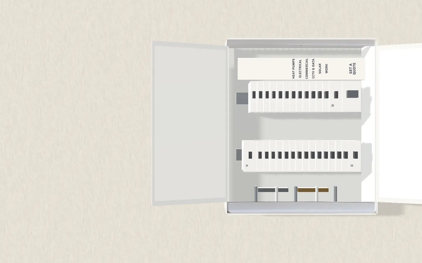 The switchboard with its doors open: rows of breakers, labelled by circuit