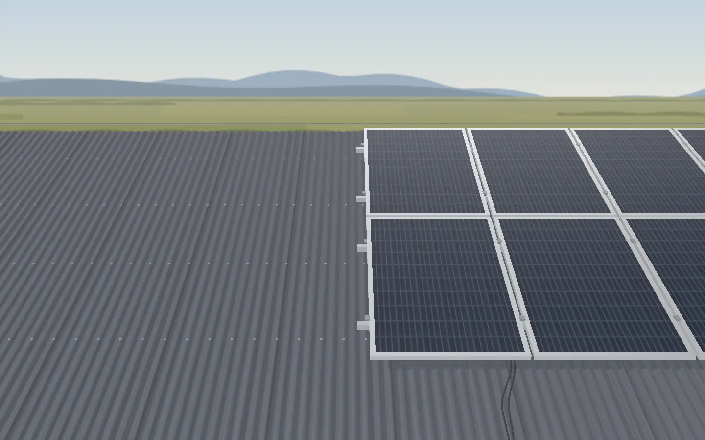 Illustrative solar panels on rails on a corrugated iron roof, the DC pair running down to its roof penetration, the plains and the ranges beyond