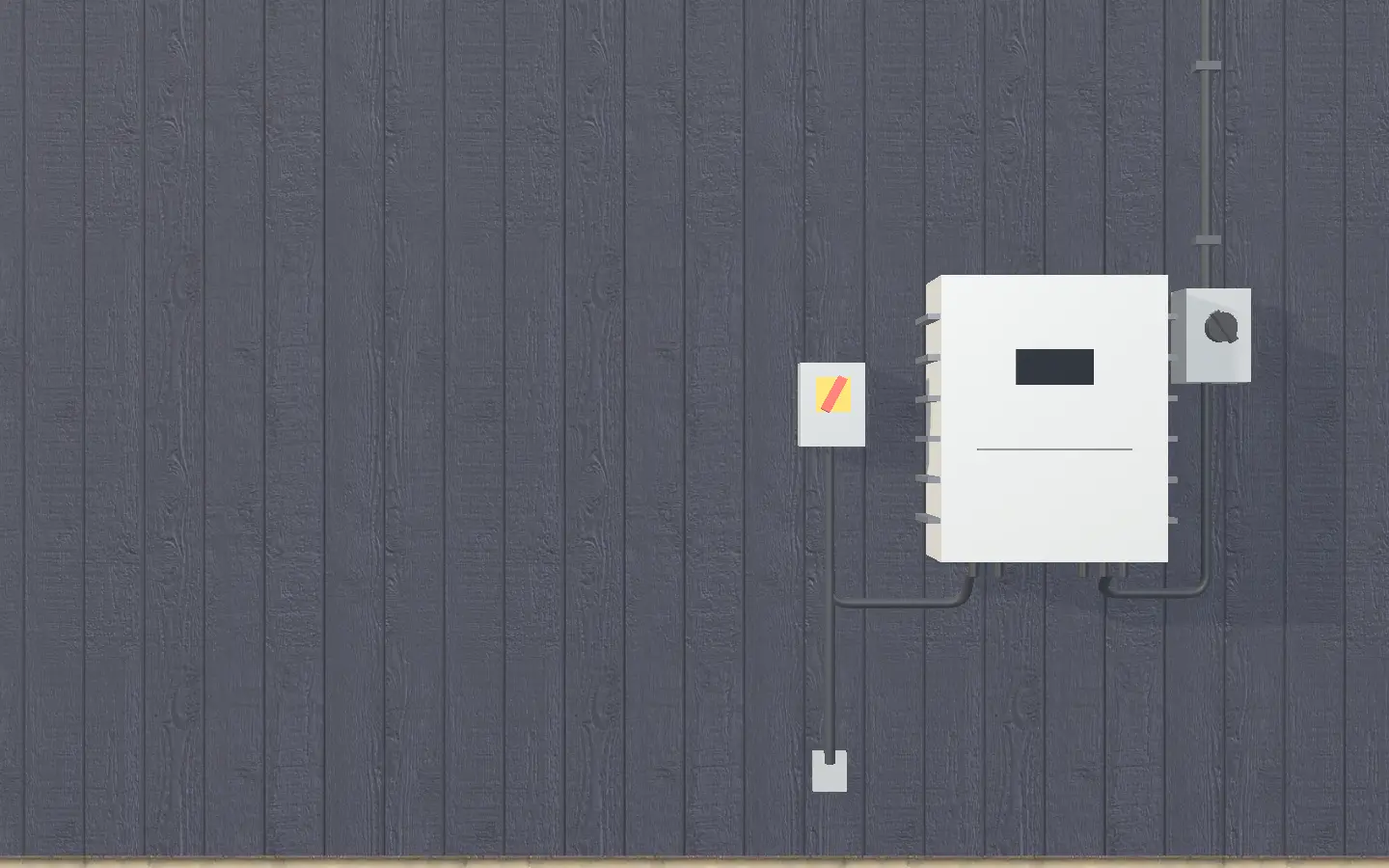 An inverter, a DC isolator and an AC isolator on dark board-and-batten cladding, a conduit climbing from them to the eave